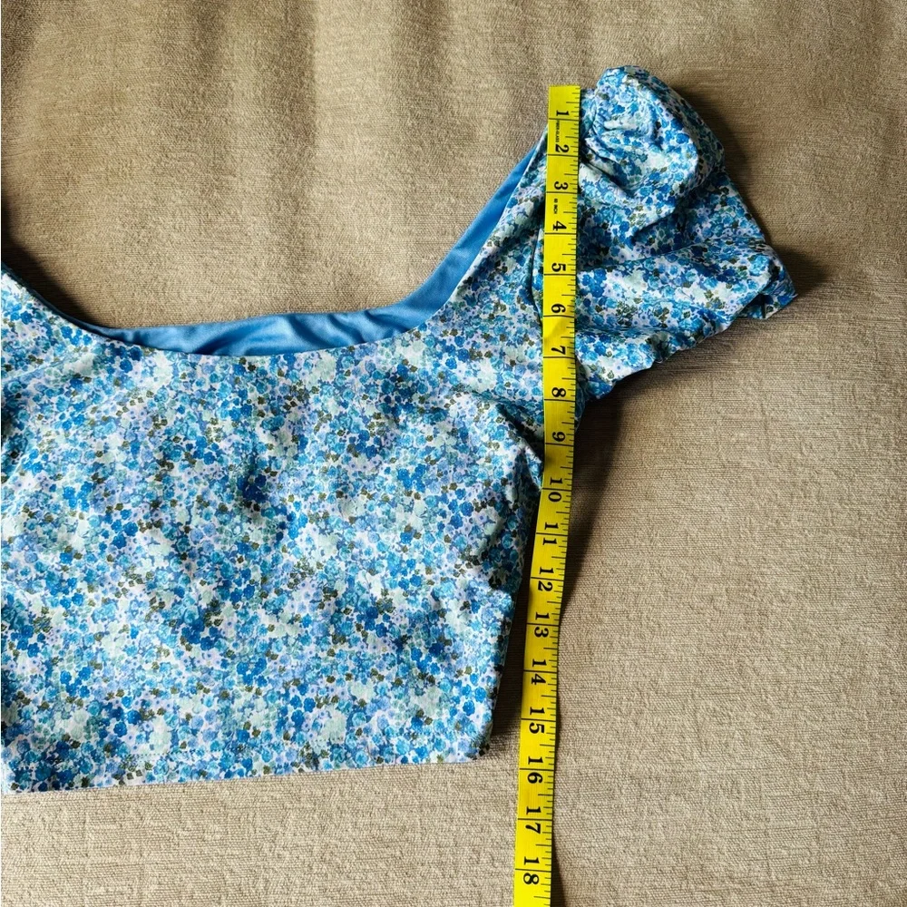 Splendid Blue Floral Longline Puff Sleeve Bikini Top - Size Large